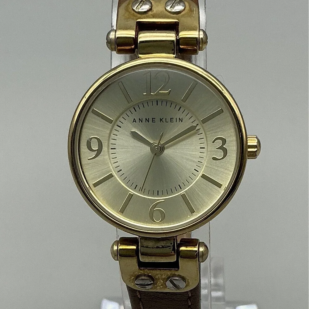 Anne Klein Womens Watch 26mm Gold Tone Brown Leather Band New Battery